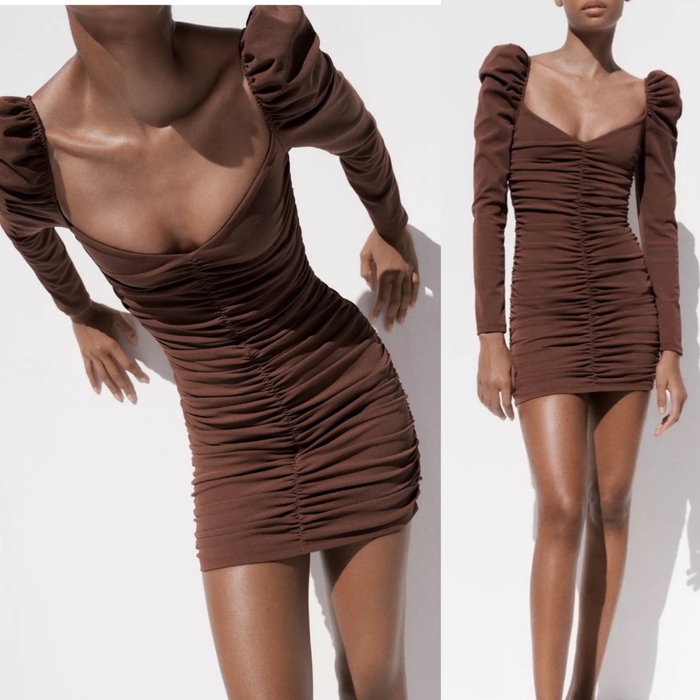 Zara NWT brown long sleeve mini ruched dress - Picture 2 of 10